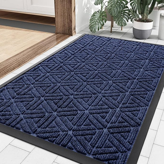 Smiry Front Door Mat Outside Entrance, Heavy Duty Sturdy Natural Rubber Doormat, Trap Dirt and Moisture, Easy Clean Low Profile Mats for Indoor Outdoor Entry, Grid Geometric (36x24, Navy Blue)