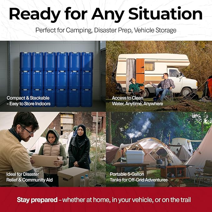 Legacy Food Storage Emergency Water Storage Containers, Long Term 5 Gallon Water Tank - 6 Stackable Food Grade Tanks Included, for Camping, Prepping, Survival - 30 Gallon Total Capacity