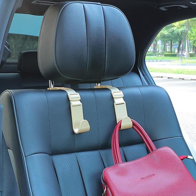 Amooca Headrest Hooks for Car Adjustable 4 Pack Vehicle Seat Back Organizer Storage Hanger Holder for Purse Bags Universal Fit with Clip Beige