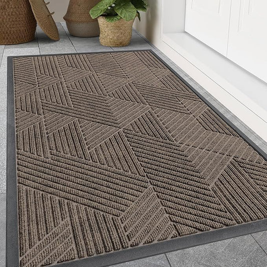 Smiry Front Door Mat Outside Entrance, Heavy Duty Sturdy Natural Rubber Doormat, Trap Dirt and Moisture, Easy Clean Low Profile Mats for Indoor Outdoor Entry, Irregular Triangle (47x32, Mixed Khaki)