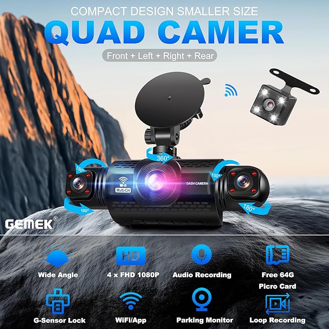 360 Degree View 4 Channel Dash Cam 5G WiFi & App Control, GEMEK 2K Front and Rear Inside, Left and Right Dash Camera for Cars, Free 64GB TF Card, G-Sensor, Night Vision, 24-Hour Parking Mode