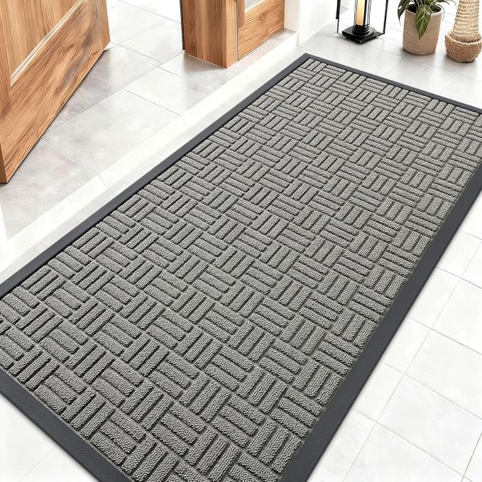 OLANLY Front Door Mat Outside Entrance 47x23, Absorbent, Heavy Duty Sturdy Natural Rubber Doormat Indoor Outdoor, Non-Slip, Stain and Fade Resistant, Low Profile Floor Mat for Entryway, Modern Gray