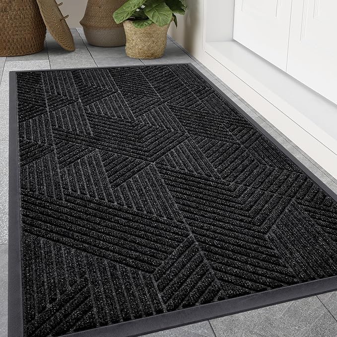 Smiry Front Door Mat Outside Entrance, Heavy Duty Sturdy Natural Rubber Doormat, Trap Dirt and Moisture, Easy Clean Low Profile Mats for Indoor Outdoor Entry, Irregular Triangle (47x17, Black)