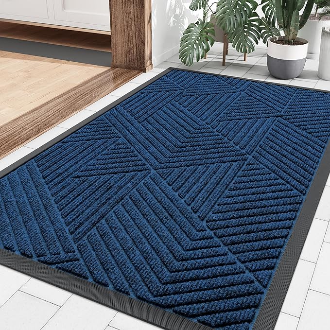 Smiry Front Door Mat Outside Entrance, Heavy Duty Sturdy Natural Rubber Doormat, Trap Dirt and Moisture, Easy Clean Low Profile Mats for Indoor Outdoor Entry, Irregular Triangle (36x24, Medium Blue)