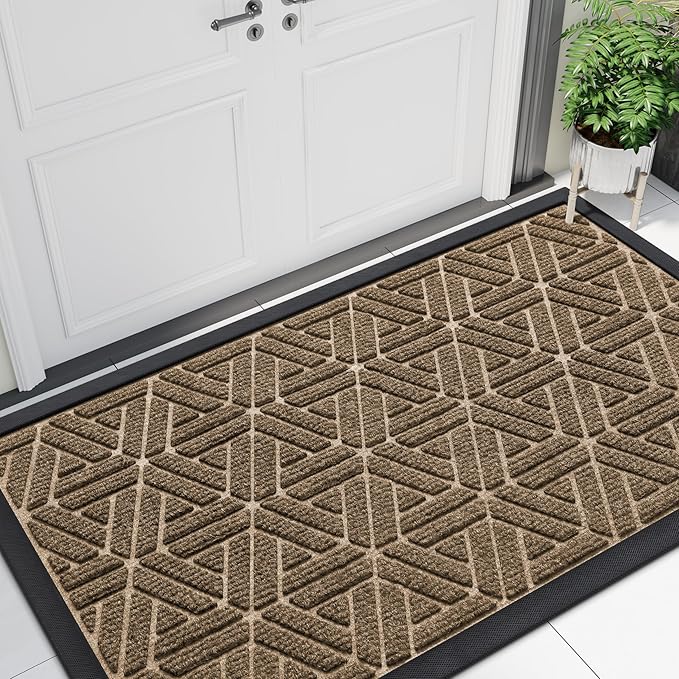 Smiry Front Door Mat Outside Entrance, Heavy Duty Sturdy Natural Rubber Doormat, Trap Dirt and Moisture, Easy Clean Low Profile Mats for Indoor Outdoor Entry, Grid Geometric (47x24, Brown)