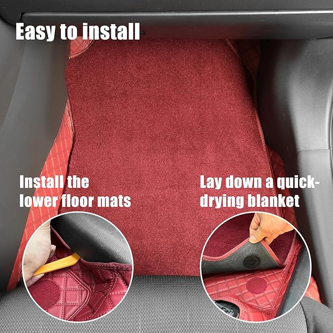 EKR Custom Floor Mats for Tesla Model 3 2017-2023, Front & 2nd Row Luxury Double Layer Car Floor Mat Liner Fit Model 3 2017 2018 2019 2020 2021 2022 2023 - Leatherette Plus Carpet (Burgundy)