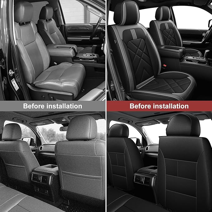 AOMSAZTO Seat Covers Custom Fit for 2014-2021 Toyota Tundra Crewmax Double Cab Breathable Leather Truck Car Front Seat Covers (Black&Grey)