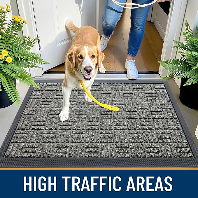 OLANLY Front Door Mat Outside Entrance 35x23, Absorbent, Heavy Duty Sturdy Natural Rubber Doormat Indoor Outdoor, Non-Slip, Stain and Fade Resistant, Low Profile Floor Mat for Entryway, Modern Gray