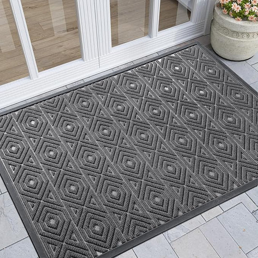 Yimobra Modern Geometric Welcome Doormat, 47 x 32 Inch, Grey, Waterproof, Non Slip, Stain & Fade Resistant, Low Pile, Sturdy Rubber, Easy Clean, Indoor/Outdoor