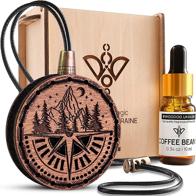 Wood Car Air Freshener — Handmade Car Air Freshener — Compass Mountains Designed Fragrance Oil Diffuser in Wooden Gift Box — Aromatherapy Set with Coffee Beans Fragrance Oil - 10 ml