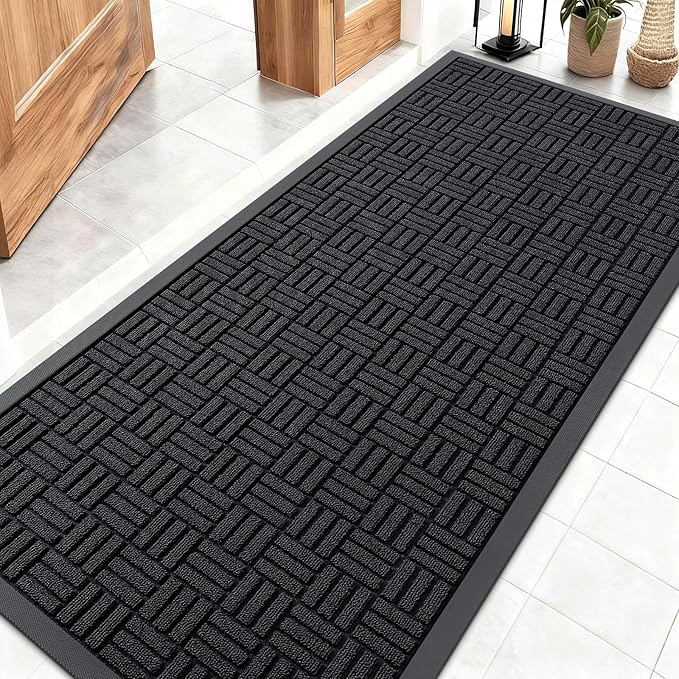 OLANLY Front Door Mat Outside Entrance 59x23, Absorbent, Heavy Duty Sturdy Natural Rubber Doormat Indoor Outdoor, Stain and Fade Resistant, Non-Slip Backing Low Profile Floor Mat for Entryway, Black