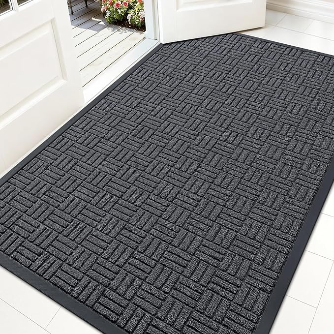 OLANLY Front Door Mat Outside Entrance 59x34, Absorbent, Heavy Duty Sturdy Natural Rubber Doormat Indoor Outdoor, Non-Slip, Stain and Fade Resistant, Low Profile Floor Mat for Entryway, Black Gray