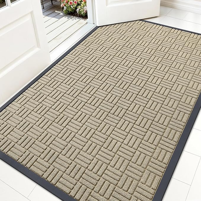 OLANLY Front Door Mat Outside Entrance 59x34, Absorbent, Heavy Duty Sturdy Natural Rubber Doormat Indoor Outdoor, Stain and Fade Resistant, Non-Slip Backing Low Profile Floor Mat for Entryway, Beige