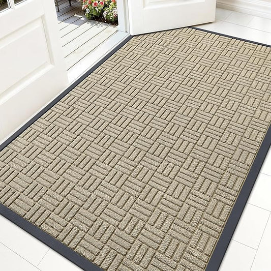 OLANLY Front Door Mat Outside Entrance 59x34, Absorbent, Heavy Duty Sturdy Natural Rubber Doormat Indoor Outdoor, Stain and Fade Resistant, Non-Slip Backing Low Profile Floor Mat for Entryway, Beige