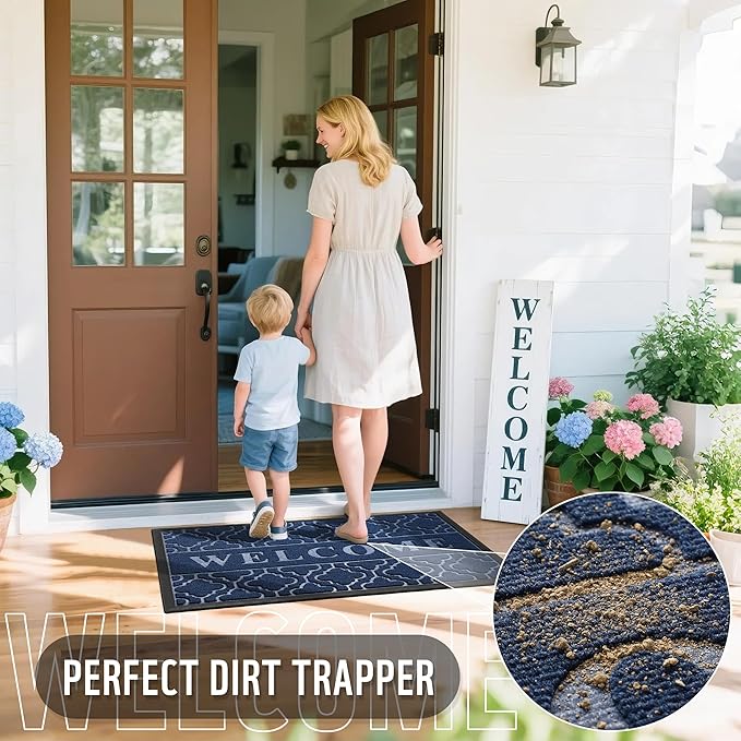 Yimobra Welcome Matt Outdoor Indoor 29.5x17, All-Weather Waterproof Front Door Mat, Non-Slip Low Profile Porch Patio Entrance Doormat, Blue