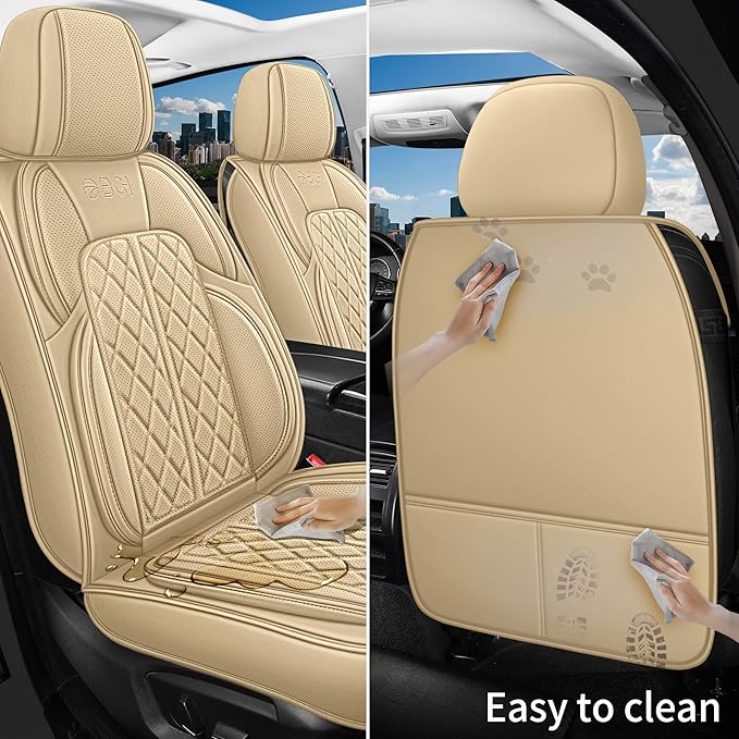 Leather Automotive Seat Covers Universal Fit for Cars, SUV, Sedans, Anti-Slip & Breathable (Beige, Front Seat)
