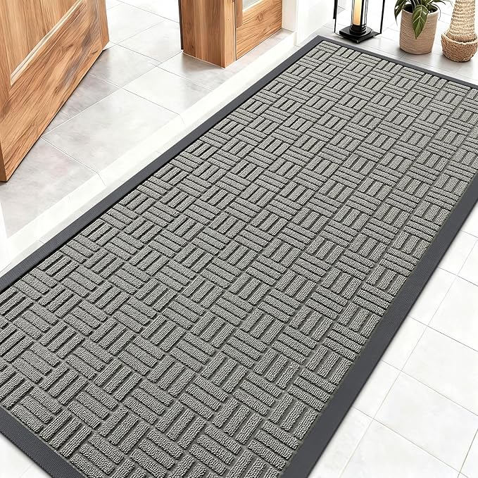 OLANLY Front Door Mat Outside Entrance 59x23, Absorbent, Heavy Duty Sturdy Natural Rubber Doormat Indoor Outdoor, Non-Slip, Stain and Fade Resistant, Low Profile Floor Mat for Entryway, Modern Gray