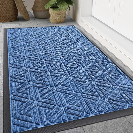 Smiry Front Door Mat Outside Entrance, Heavy Duty Sturdy Natural Rubber Doormat, Trap Dirt and Moisture, Easy Clean Low Profile Mats for Indoor Outdoor Entry, Grid Geometric (47x32, Blue)
