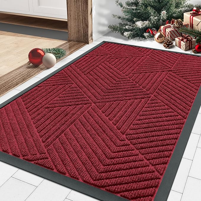Smiry Front Door Mat Outside Entrance, Heavy Duty Sturdy Natural Rubber Doormat, Trap Dirt and Moisture, Easy Clean Low Profile Mats for Indoor Outdoor Entry, Irregular Triangle (29.5x17, Wine Red)
