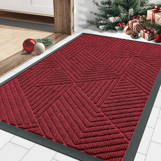 Smiry Front Door Mat Outside Entrance, Heavy Duty Sturdy Natural Rubber Doormat, Trap Dirt and Moisture, Easy Clean Low Profile Mats for Indoor Outdoor Entry, Irregular Triangle (29.5x17, Wine Red)