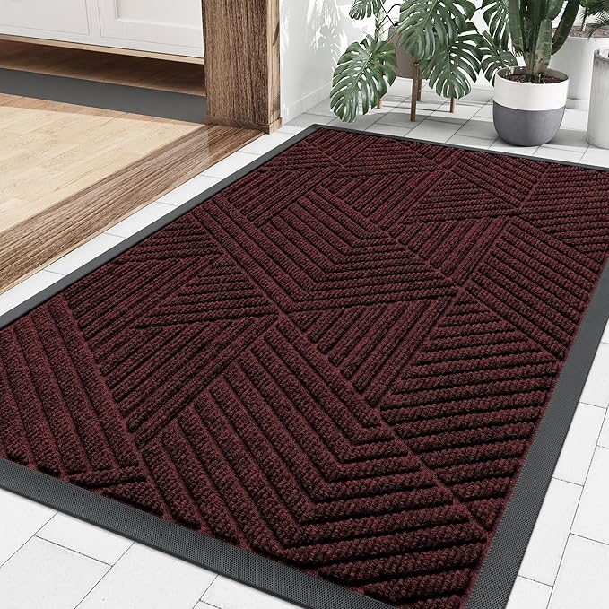 Smiry Front Door Mat Outside Entrance, Heavy Duty Sturdy Natural Rubber Doormat, Trap Dirt and Moisture, Easy Clean Low Profile Mats for Indoor Outdoor Entry, Irregular Triangle (36x24, Dark Red)