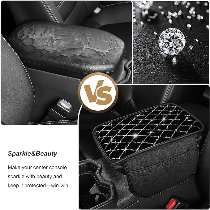 YORKNEIC Center Console Cover Fit for Ford - Middle Console Cover with 2 Storage Pocket,Faux Leather Waterproof Anti-Scratch Car Armrest Cover Protector(004Black&Silver Diamond)