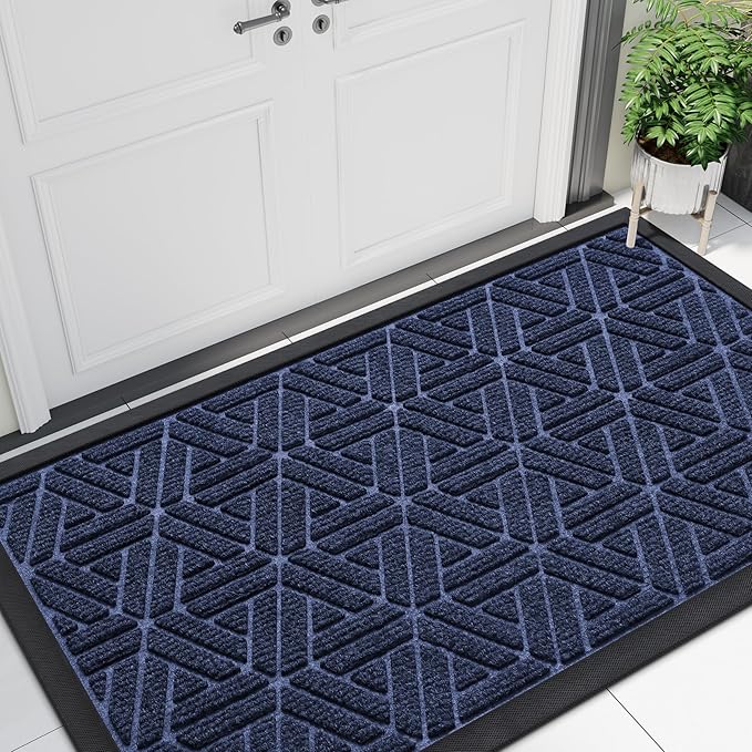 Smiry Front Door Mat Outside Entrance, Heavy Duty Sturdy Natural Rubber Doormat, Trap Dirt and Moisture, Easy Clean Low Profile Mats for Indoor Outdoor Entry, Grid Geometric (47x24, Navy Blue)