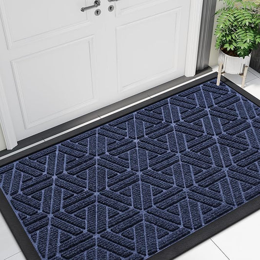 Smiry Front Door Mat Outside Entrance, Heavy Duty Sturdy Natural Rubber Doormat, Trap Dirt and Moisture, Easy Clean Low Profile Mats for Indoor Outdoor Entry, Grid Geometric (47x24, Navy Blue)