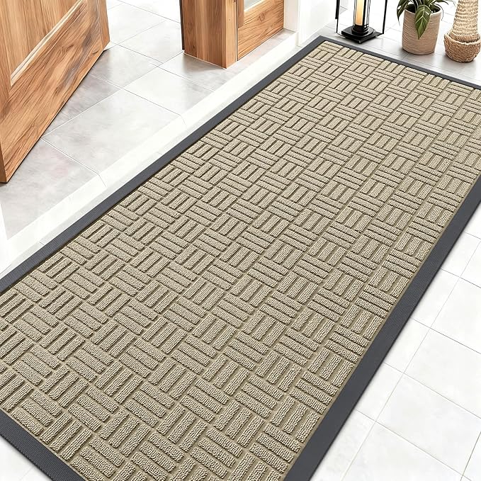 OLANLY Front Door Mat Outside Entrance 59x23, Absorbent, Heavy Duty Sturdy Natural Rubber Doormat Indoor Outdoor, Stain and Fade Resistant, Non-Slip Backing Low Profile Floor Mat for Entryway, Beige
