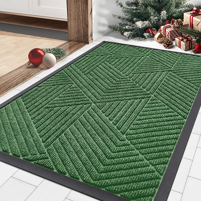 Smiry Front Door Mat Outside Entrance, Heavy Duty Sturdy Natural Rubber Doormat, Trap Dirt and Moisture, Easy Clean Low Profile Mats for Indoor Outdoor Entry, Irregular Triangle (29.5x17, Green)