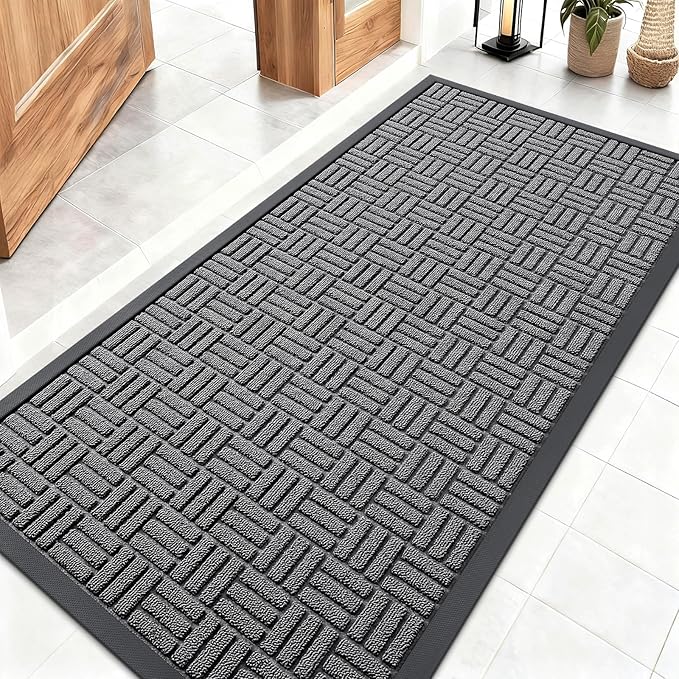 OLANLY Front Door Mat Outside Entrance 47x23, Absorbent, Heavy Duty Sturdy Natural Rubber Doormat Indoor Outdoor, Stain and Fade Resistant, Non-Slip Backing Low Profile Floor Mat for Entryway, Grey