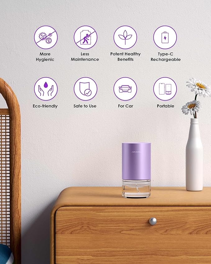 Airversa Essential Oil Diffuser Waterless Aromatherapy Diffusers for Home Large Room, Bedroom, Car, Office, Desk, Battery Operated, Small Diffuser for Pure Scent, 100mL Capacity, AN9 (Lavender)
