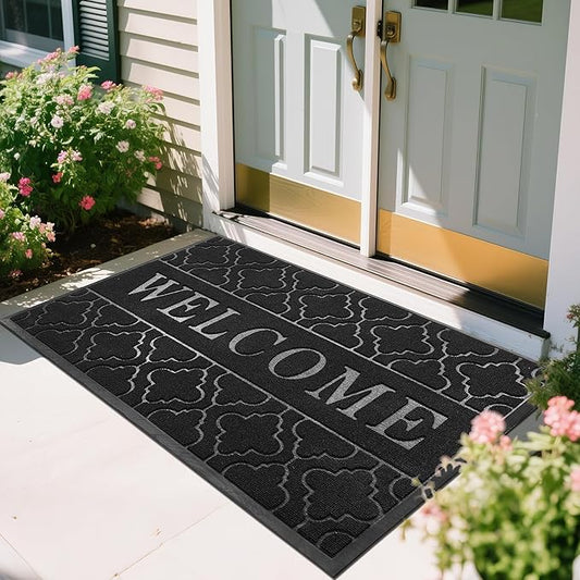 Yimobra Welcome Mat Outdoor Indoor, All-Season Waterproof Front Door Mat Outside Entrance, All-Weather Heavy Duty Non-Slip Doormat, Low Profile Porch Patio Entrance Mats, 60x36, Black