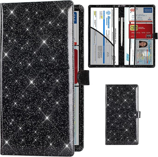 TOURSUIT Car Registration and Insurance Card Holder, Vehicle License Document Glove Box Compartment Organizer, Interior Car Accessories for Women Men (Glitter Black)