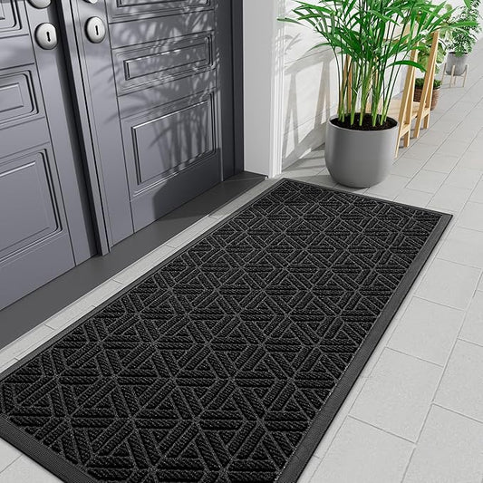 Smiry Front Door Mat Outside Entrance, Heavy Duty Sturdy Natural Rubber Doormat, Trap Dirt and Moisture, Easy Clean Low Profile Mats for Indoor Outdoor Entry, Grid Geometric (71x24, Black)