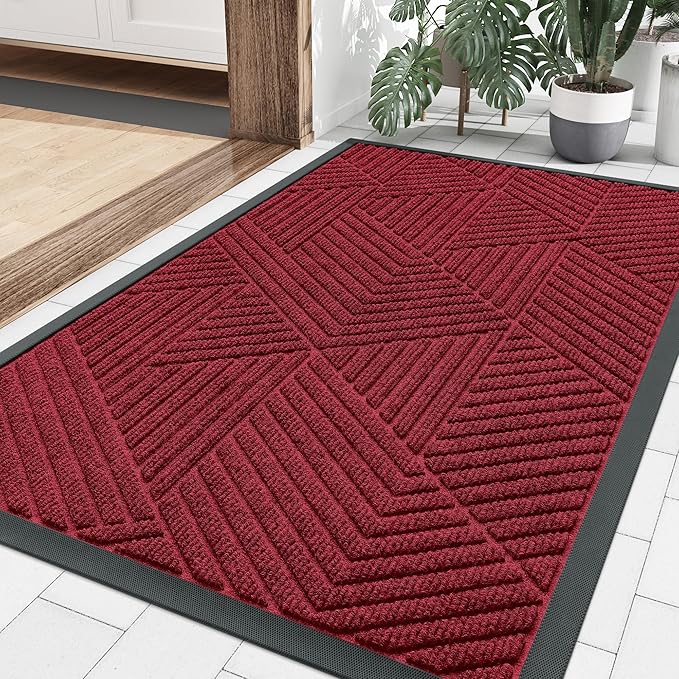 Smiry Front Door Mat Outside Entrance, Heavy Duty Sturdy Natural Rubber Doormat, Trap Dirt and Moisture, Easy Clean Low Profile Mats for Indoor Outdoor Entry, Irregular Triangle (36x24, Wine Red)