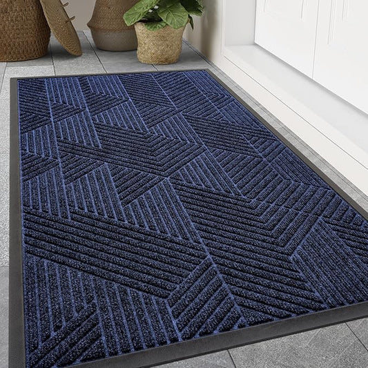 Smiry Front Door Mat Outside Entrance, Heavy Duty Sturdy Natural Rubber Doormat, Trap Dirt and Moisture, Easy Clean Low Profile Mats for Indoor Outdoor Entry, Irregular Triangle (47x32, Navy Blue)