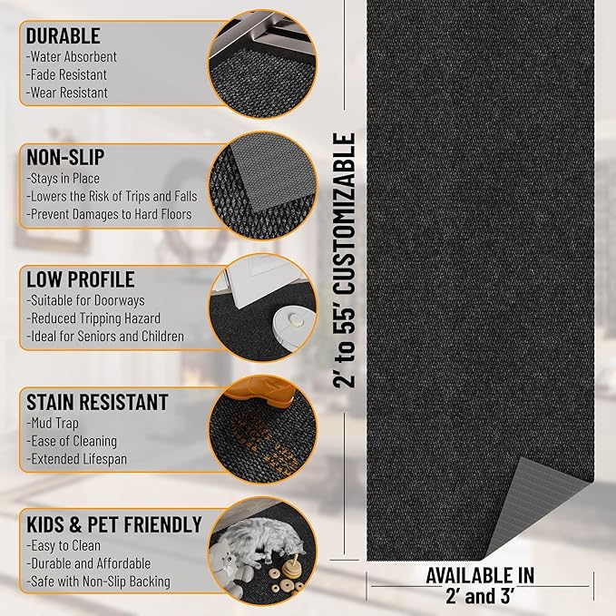 Ottomanson Commercial Scrape Rib Entry Mat – Heavy Duty Ribbed Floor Mat for High Traffic – Non Slip Rubber Back, Waterproof – Indoor Outdoor Use for Offices, Schools, Lobbies, 2'7" x 40', Black