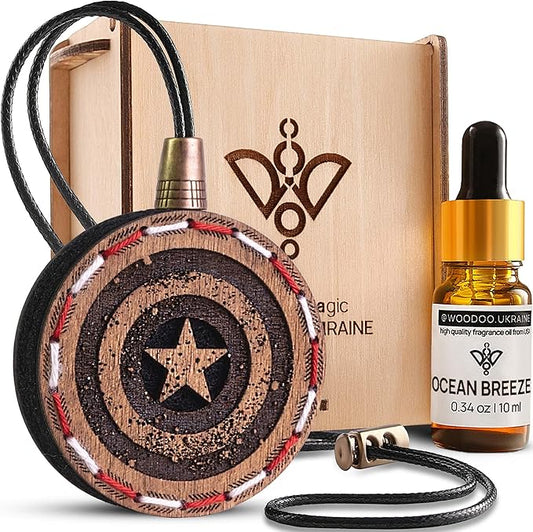 Wood Car Air Freshener — Handmade Car Air Freshener — Captain Shield Designed Fragrance Oil Diffuser in Wooden Gift Box — Aromatherapy Gift Set with Ocean Breeze Fragrance Oil - 10 ml