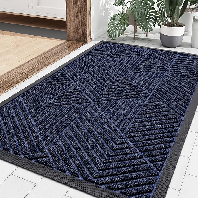 Smiry Front Door Mat Outside Entrance, Heavy Duty Sturdy Natural Rubber Doormat, Trap Dirt and Moisture, Easy Clean Low Profile Mats for Indoor Outdoor Entry, Irregular Triangle (36x24, Navy Blue)