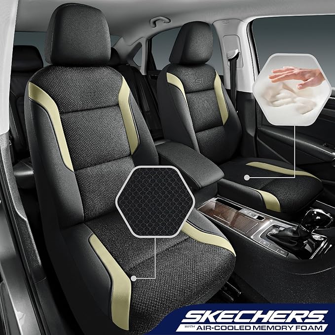 Skechers Memory Foam Car Seat Covers, Air Cool Mesh Thick Seat Covers, Car Seat Full Sets Airbag Compatible, Automotive Comfort Protection for Most Cars,Vans,Trucks, SUVs,Beige