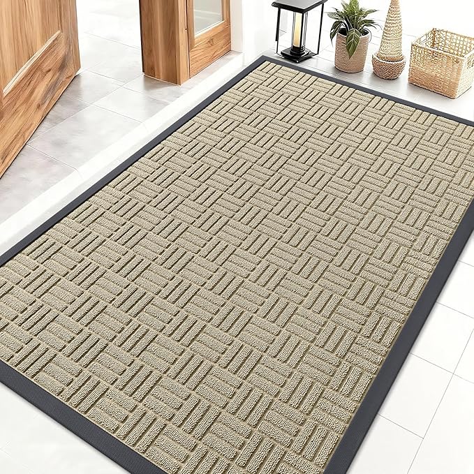 OLANLY Front Door Mat Outside Entrance 47x32, Absorbent, Heavy Duty Sturdy Natural Rubber Doormat Indoor Outdoor, Stain and Fade Resistant, Non-Slip Backing Low Profile Floor Mat for Entryway, Beige