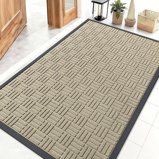 OLANLY Front Door Mat Outside Entrance 47x32, Absorbent, Heavy Duty Sturdy Natural Rubber Doormat Indoor Outdoor, Stain and Fade Resistant, Non-Slip Backing Low Profile Floor Mat for Entryway, Beige