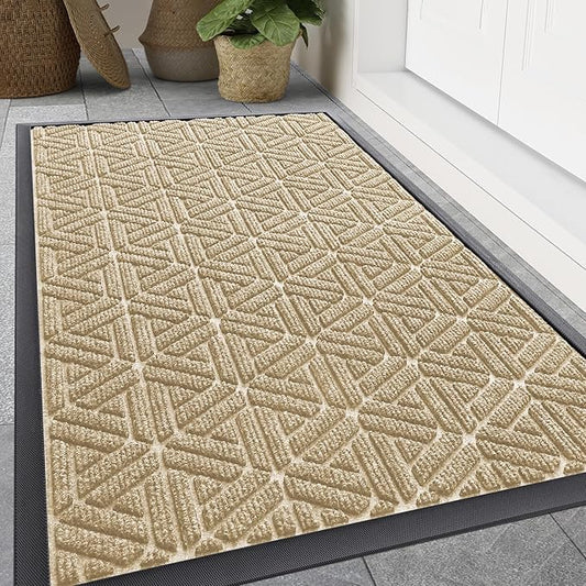 Smiry Front Door Mat Outside Entrance, Heavy Duty Sturdy Natural Rubber Doormat, Trap Dirt and Moisture, Easy Clean Low Profile Mats for Indoor Outdoor Entry, Grid Geometric (71x47, Beige)