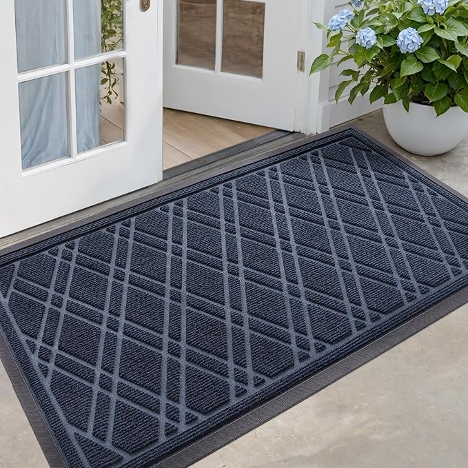 DEXI Front Door Mat Outside Entrance, Rubber Entry Doormat Heavy Duty, Welcome Mats Non Slip for Inside House Floor Entryway Back Doors Exterior Patio, 24x48, Weave Blue