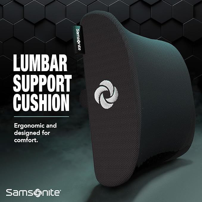 Samsonite Ergonomic Lumbar Support Pillow for Office Chair, Gaming Chair, or Car, Memory Foam Cushion with Breathable Ventilated Mesh and Adjustable Strap for Long Lasting Back Support