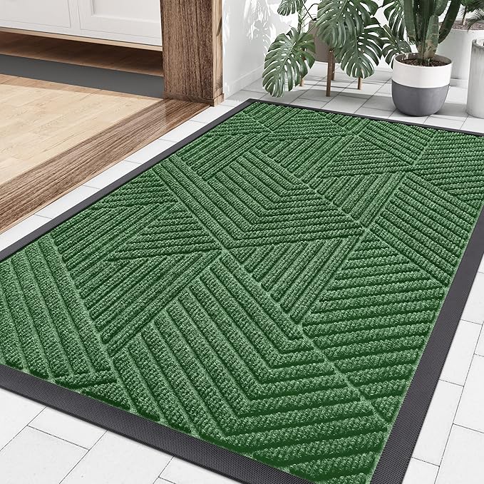 Smiry Front Door Mat Outside Entrance, Heavy Duty Sturdy Natural Rubber Doormat, Trap Dirt and Moisture, Easy Clean Low Profile Mats for Indoor Outdoor Entry, Irregular Triangle (36x24, Green)