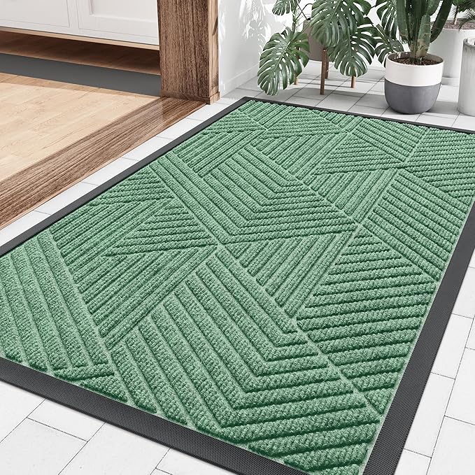 Smiry Front Door Mat Outside Entrance, Heavy Duty Sturdy Natural Rubber Doormat, Trap Dirt and Moisture, Easy Clean Low Profile Mats for Indoor Outdoor Entry, Irregular Triangle (36x24, Mint Green)