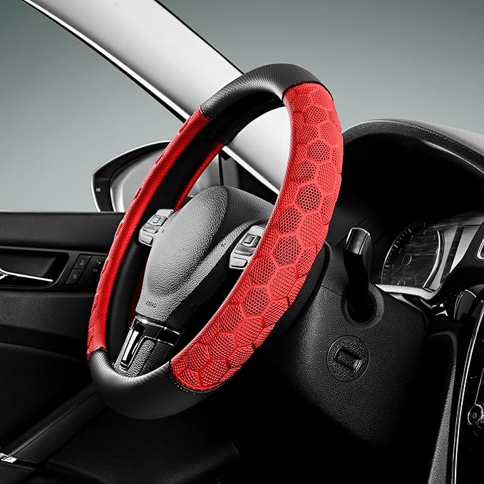 PIC AUTO Massage Steering Wheel Cover, Red Football Pattern Material Spliced Leather Car Steering Wheel Protector, Car Interior Accessories, Universal Fit 14.5"-15.5" for Cars, Trucks, Van, SUV