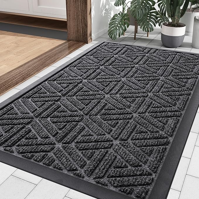 Smiry Front Door Mat Outside Entrance, Heavy Duty Sturdy Natural Rubber Doormat, Trap Dirt and Moisture, Easy Clean Low Profile Mats for Indoor Outdoor Entry, Grid Geometric (29.5x17, Grey)